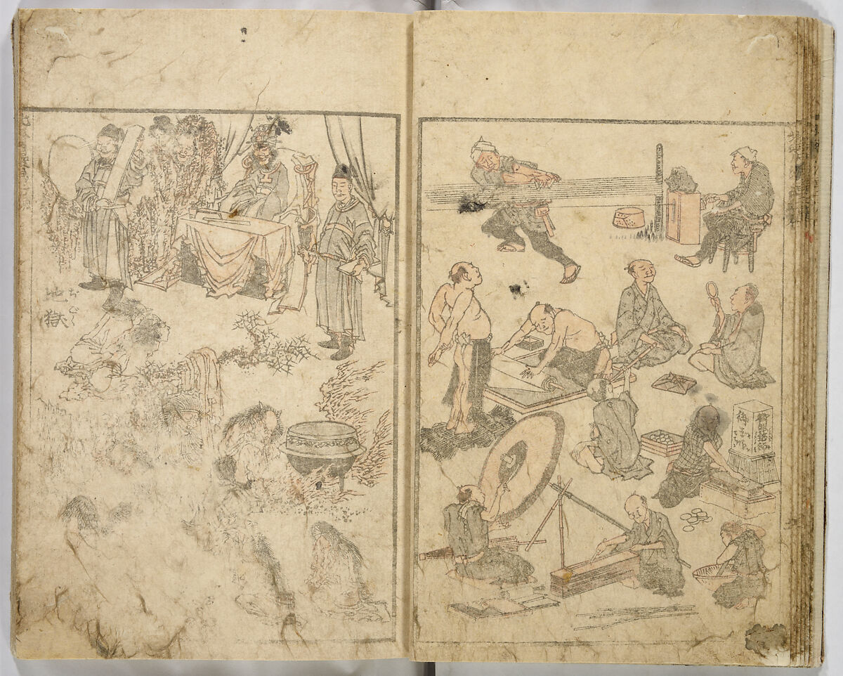 Random Sketches by Hokusai, Katsushika Hokusai (Japanese, Tokyo (Edo) 1760–1849 Tokyo (Edo)), Eight volumes of woodblock printed books; ink and color on paper, Japan
