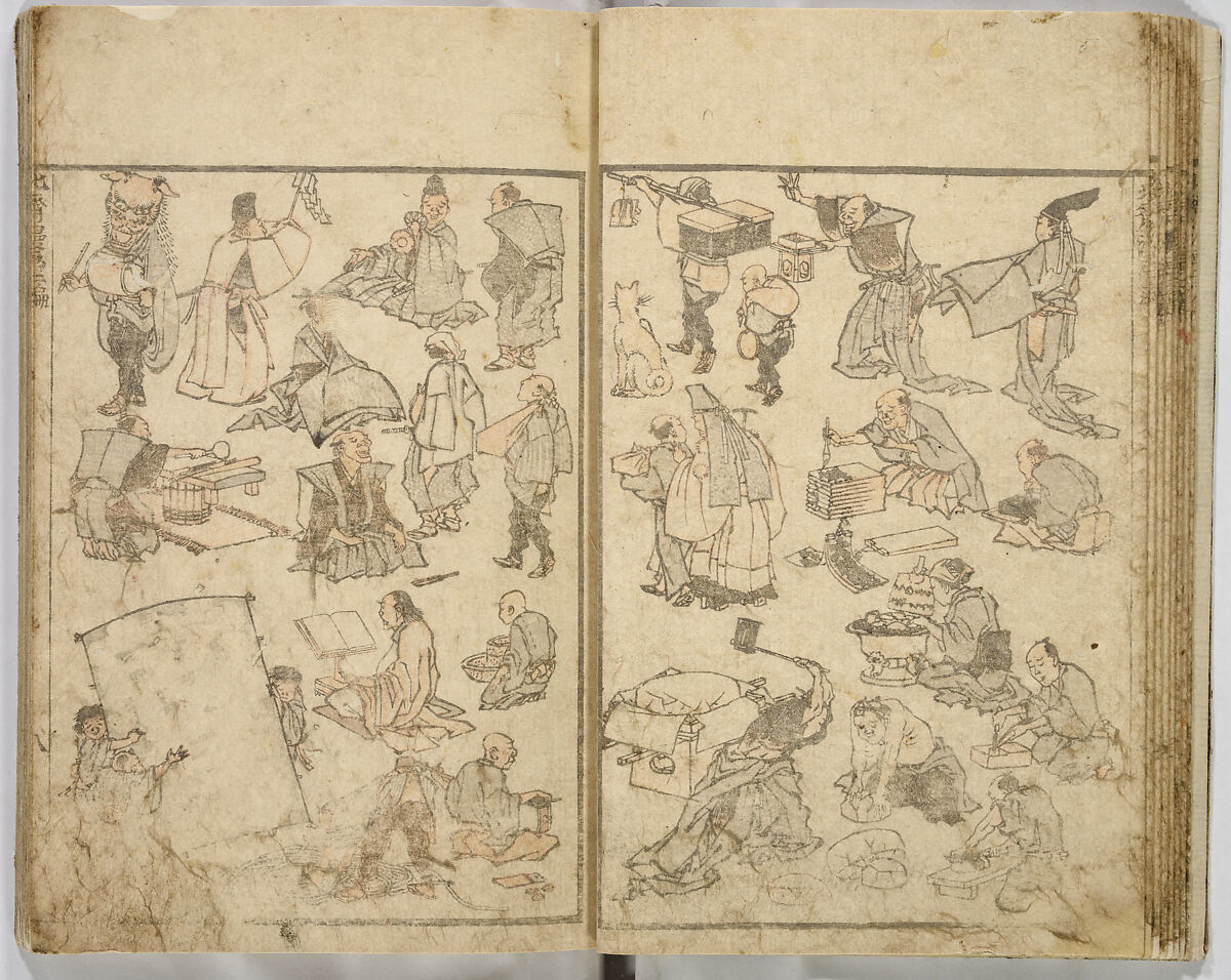 Random Sketches by Hokusai, Katsushika Hokusai (Japanese, Tokyo (Edo) 1760–1849 Tokyo (Edo)), Eight volumes of woodblock printed books; ink and color on paper, Japan