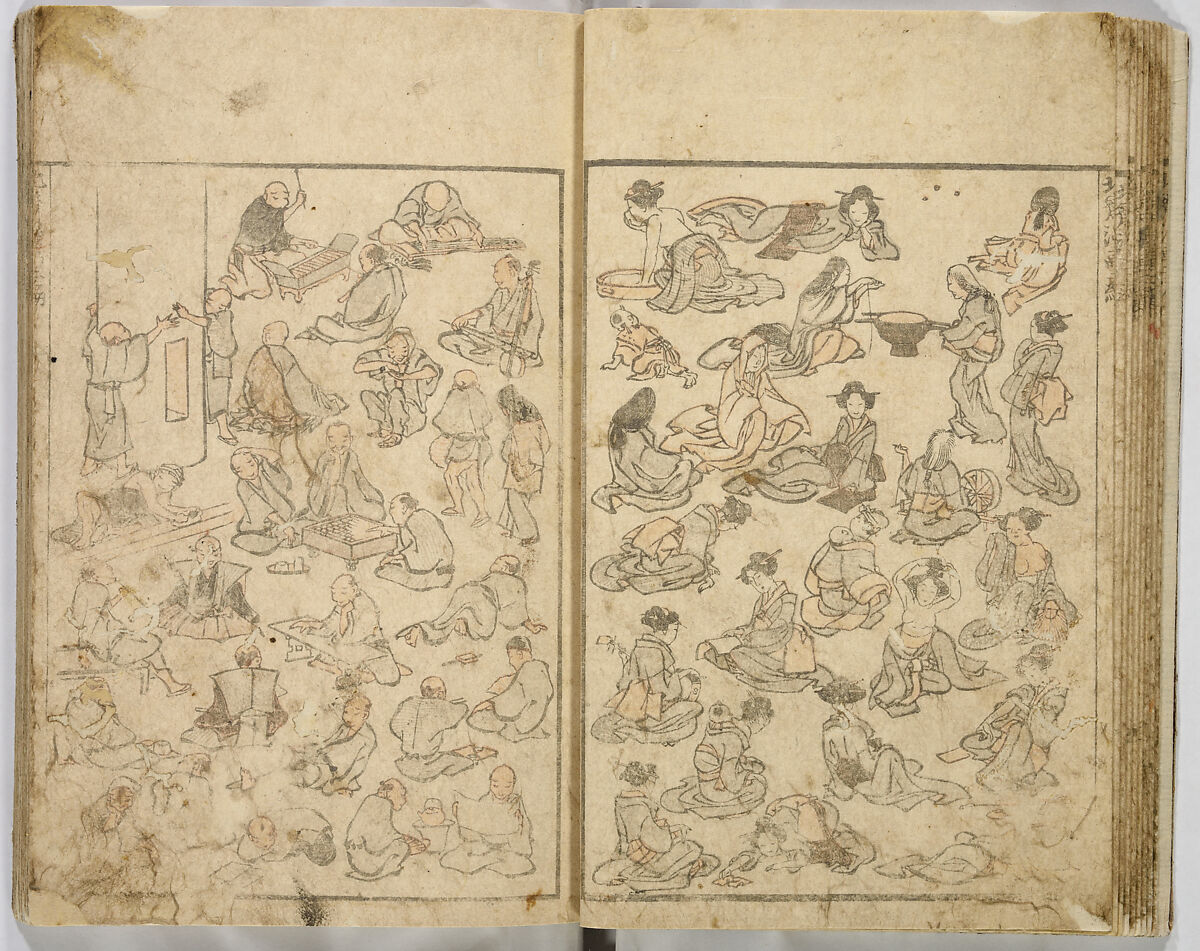 Random Sketches by Hokusai, Katsushika Hokusai (Japanese, Tokyo (Edo) 1760–1849 Tokyo (Edo)), Eight volumes of woodblock printed books; ink and color on paper, Japan