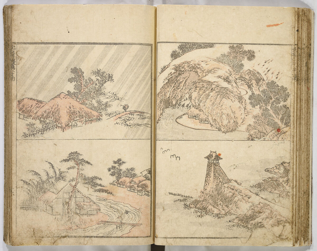 Random Sketches by Hokusai, Katsushika Hokusai (Japanese, Tokyo (Edo) 1760–1849 Tokyo (Edo)), Eight volumes of woodblock printed books; ink and color on paper, Japan