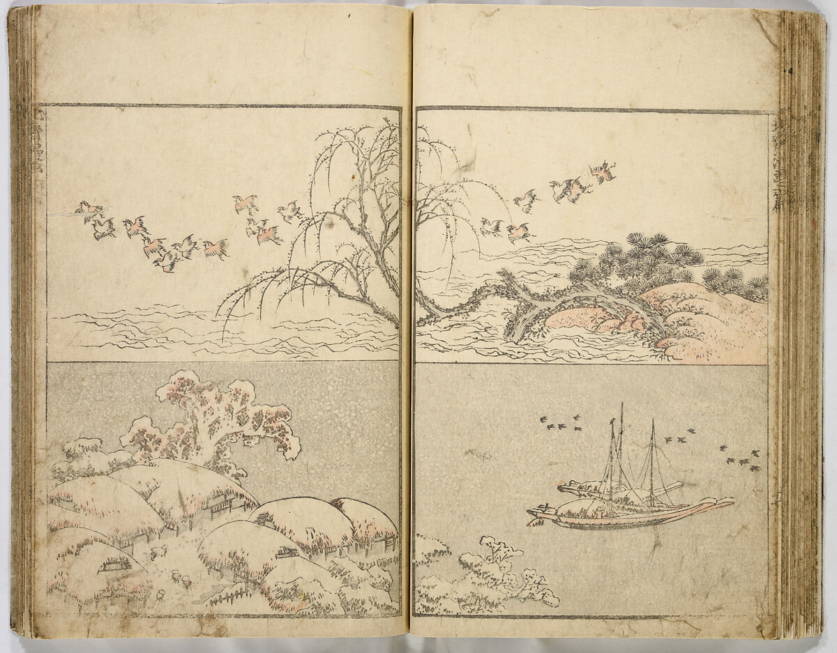 Random Sketches by Hokusai, Katsushika Hokusai (Japanese, Tokyo (Edo) 1760–1849 Tokyo (Edo)), Eight volumes of woodblock printed books; ink and color on paper, Japan