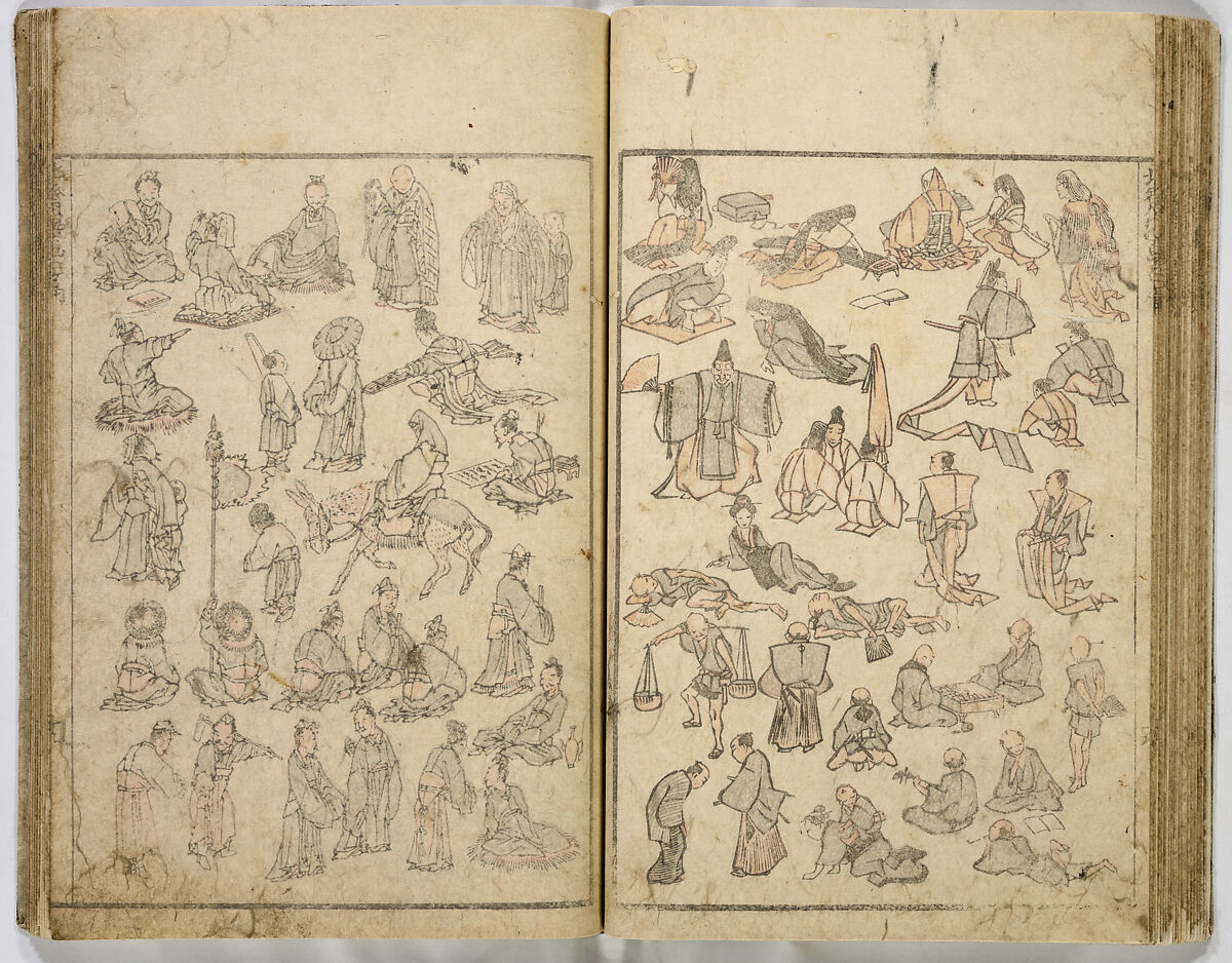 Random Sketches by Hokusai, Katsushika Hokusai (Japanese, Tokyo (Edo) 1760–1849 Tokyo (Edo)), Eight volumes of woodblock printed books; ink and color on paper, Japan