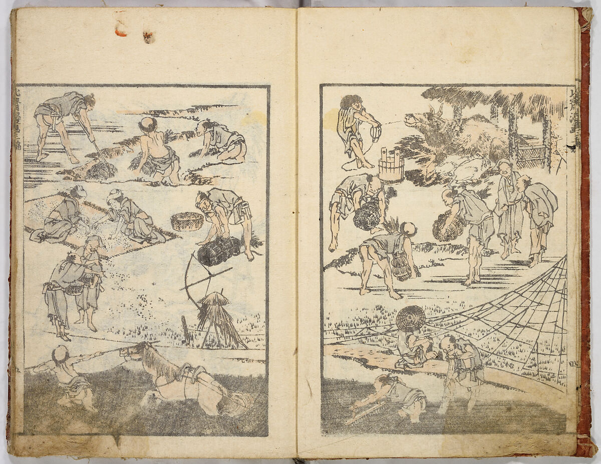 Random Sketches by Hokusai, Katsushika Hokusai (Japanese, Tokyo (Edo) 1760–1849 Tokyo (Edo)), Eight volumes of woodblock printed books; ink and color on paper, Japan