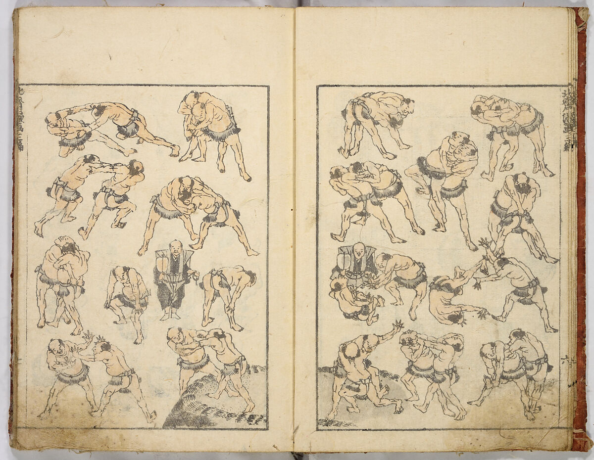 Random Sketches by Hokusai, Katsushika Hokusai (Japanese, Tokyo (Edo) 1760–1849 Tokyo (Edo)), Eight volumes of woodblock printed books; ink and color on paper, Japan