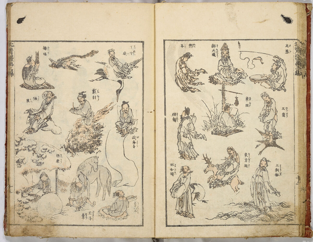 Random Sketches by Hokusai, Katsushika Hokusai (Japanese, Tokyo (Edo) 1760–1849 Tokyo (Edo)), Eight volumes of woodblock printed books; ink and color on paper, Japan