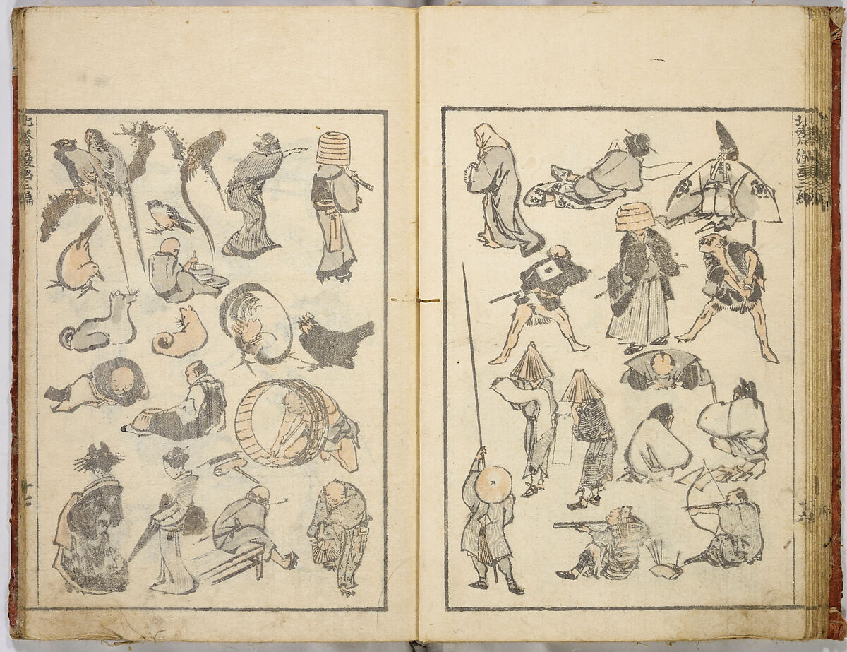 Random Sketches by Hokusai, Katsushika Hokusai (Japanese, Tokyo (Edo) 1760–1849 Tokyo (Edo)), Eight volumes of woodblock printed books; ink and color on paper, Japan