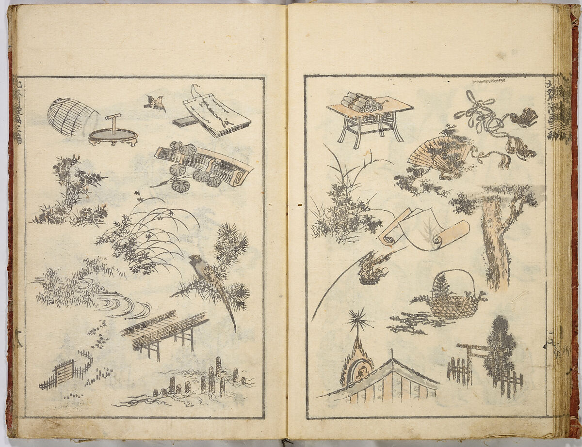 Random Sketches by Hokusai, Katsushika Hokusai (Japanese, Tokyo (Edo) 1760–1849 Tokyo (Edo)), Eight volumes of woodblock printed books; ink and color on paper, Japan