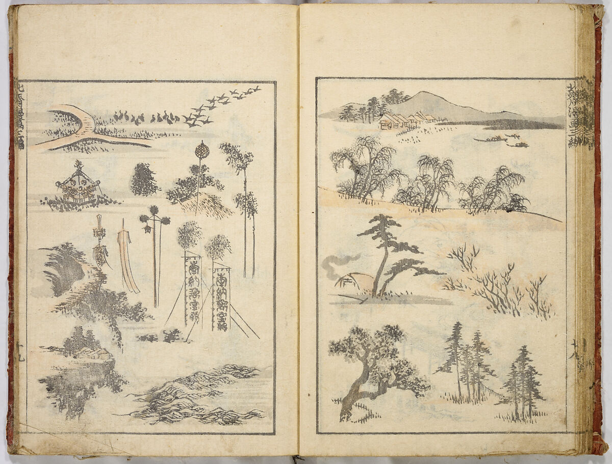 Random Sketches by Hokusai, Katsushika Hokusai (Japanese, Tokyo (Edo) 1760–1849 Tokyo (Edo)), Eight volumes of woodblock printed books; ink and color on paper, Japan