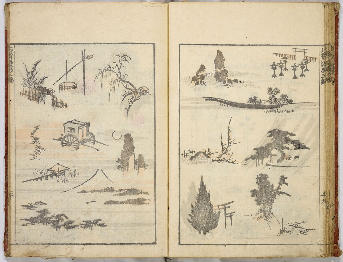 Random Sketches by Hokusai, Katsushika Hokusai (Japanese, Tokyo (Edo) 1760–1849 Tokyo (Edo)), Eight volumes of woodblock printed books; ink and color on paper, Japan