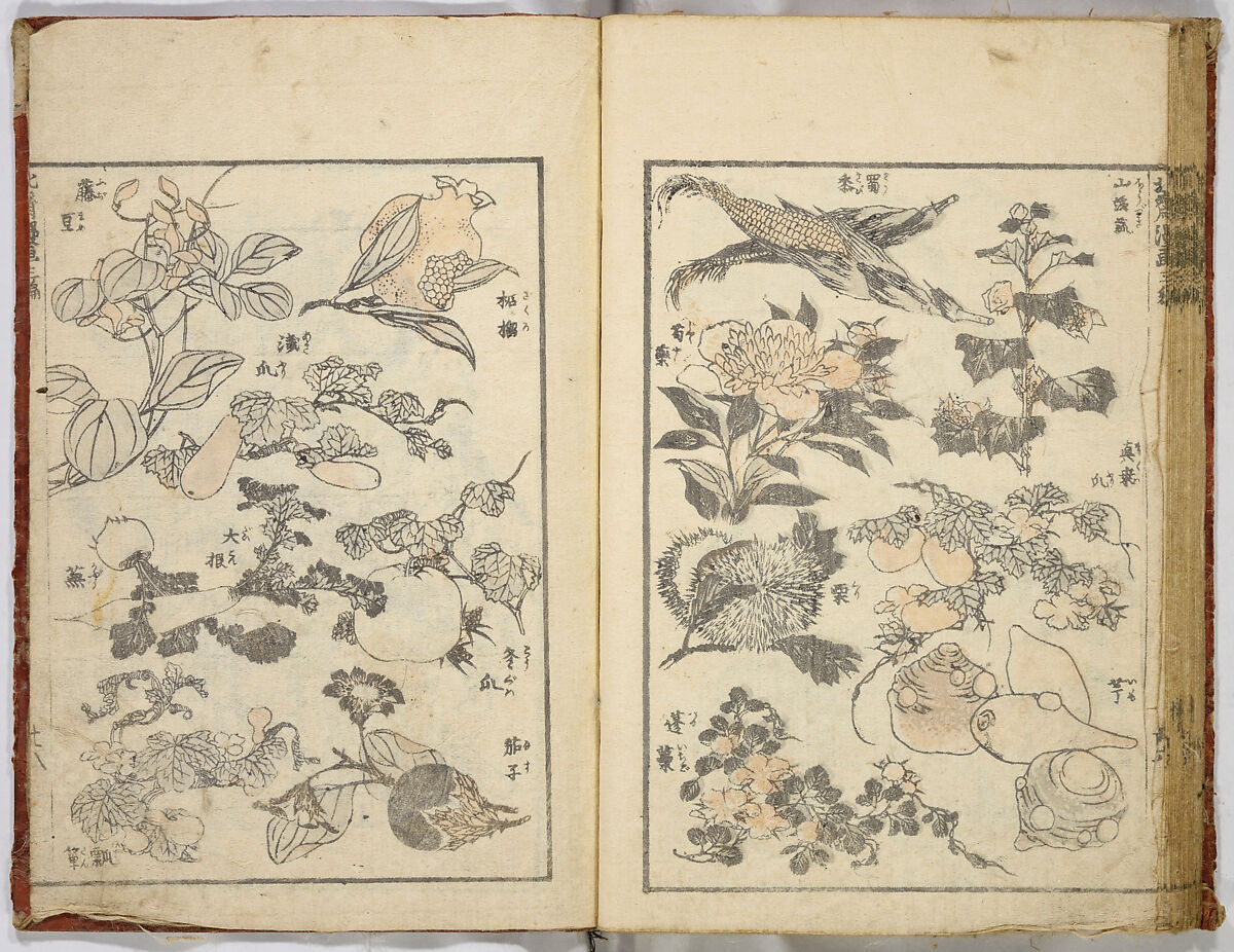 Random Sketches by Hokusai, Katsushika Hokusai (Japanese, Tokyo (Edo) 1760–1849 Tokyo (Edo)), Eight volumes of woodblock printed books; ink and color on paper, Japan