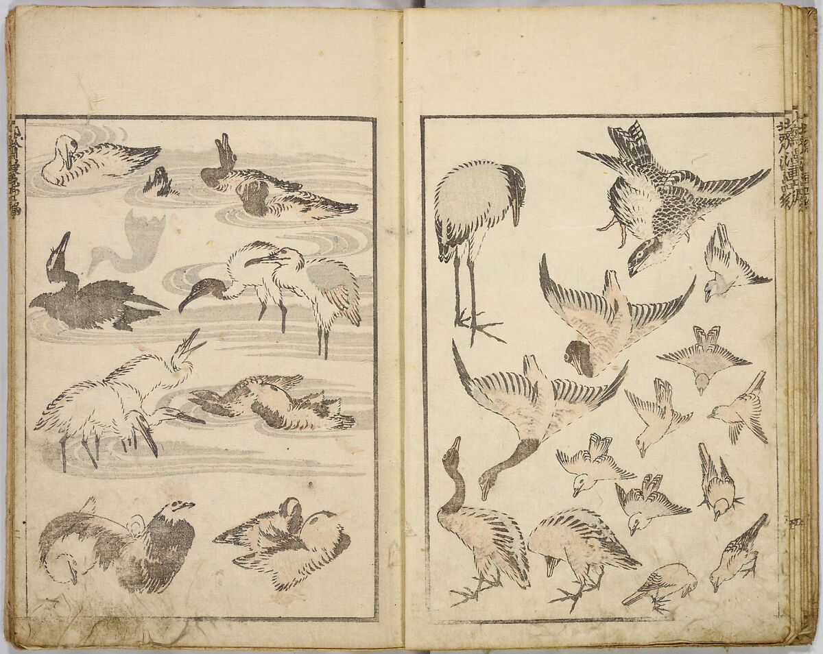 Random Sketches by Hokusai, Katsushika Hokusai (Japanese, Tokyo (Edo) 1760–1849 Tokyo (Edo)), Eight volumes of woodblock printed books; ink and color on paper, Japan