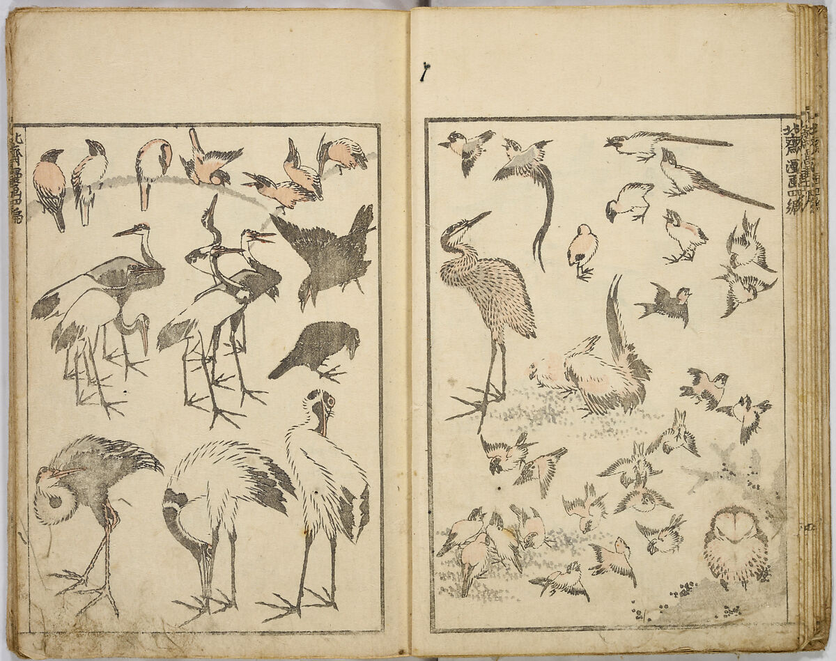 Random Sketches by Hokusai, Katsushika Hokusai (Japanese, Tokyo (Edo) 1760–1849 Tokyo (Edo)), Eight volumes of woodblock printed books; ink and color on paper, Japan