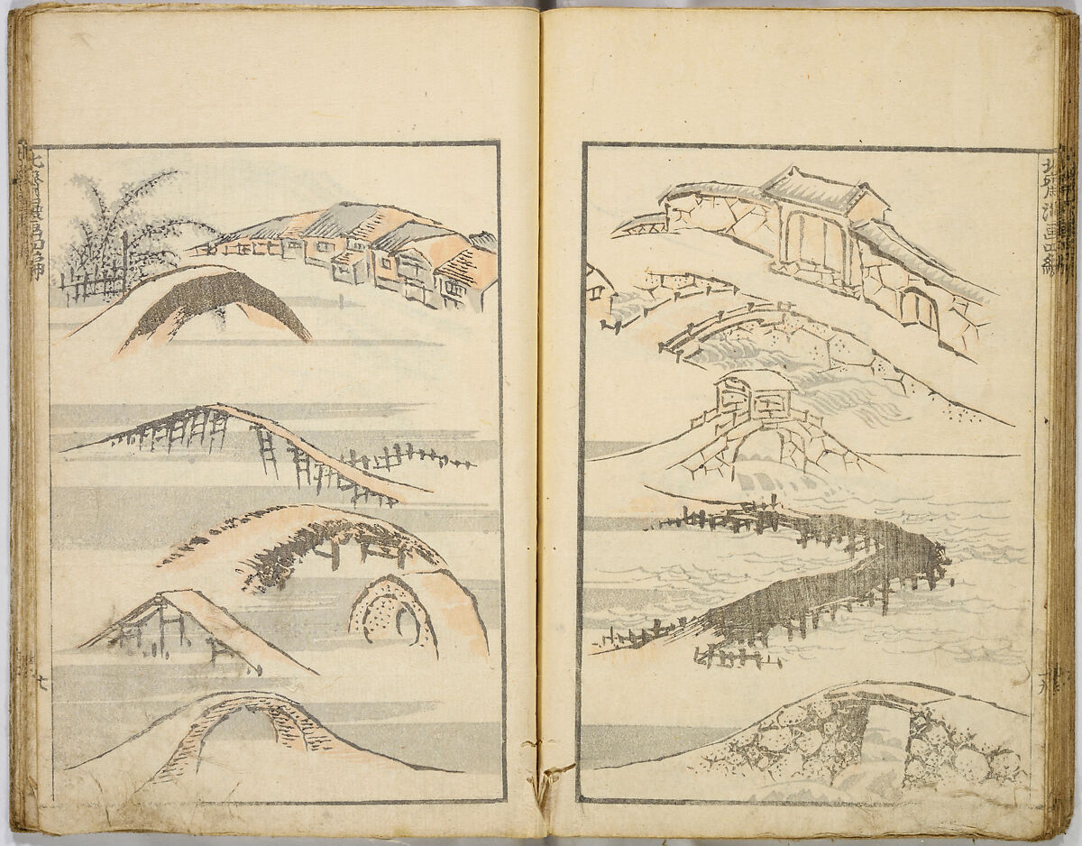 Random Sketches by Hokusai, Katsushika Hokusai (Japanese, Tokyo (Edo) 1760–1849 Tokyo (Edo)), Eight volumes of woodblock printed books; ink and color on paper, Japan