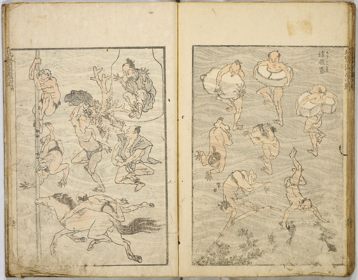 Random Sketches by Hokusai, Katsushika Hokusai (Japanese, Tokyo (Edo) 1760–1849 Tokyo (Edo)), Eight volumes of woodblock printed books; ink and color on paper, Japan