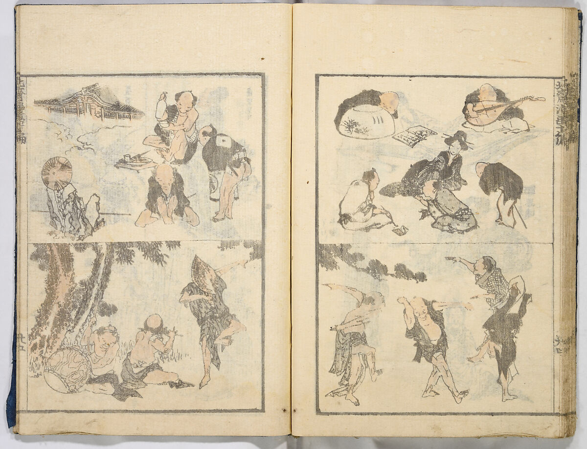 Random Sketches by Hokusai, Katsushika Hokusai (Japanese, Tokyo (Edo) 1760–1849 Tokyo (Edo)), Eight volumes of woodblock printed books; ink and color on paper, Japan