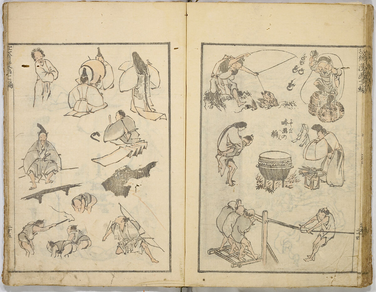 Random Sketches by Hokusai, Katsushika Hokusai (Japanese, Tokyo (Edo) 1760–1849 Tokyo (Edo)), Eight volumes of woodblock printed books; ink and color on paper, Japan