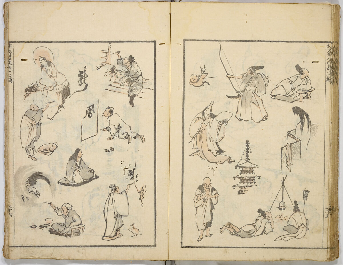 Random Sketches by Hokusai, Katsushika Hokusai (Japanese, Tokyo (Edo) 1760–1849 Tokyo (Edo)), Eight volumes of woodblock printed books; ink and color on paper, Japan