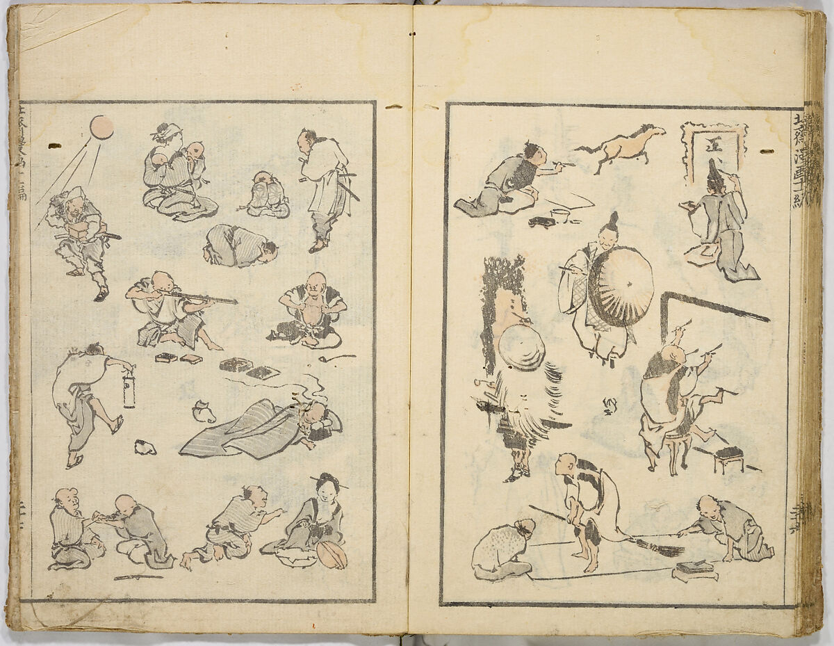 Random Sketches by Hokusai, Katsushika Hokusai (Japanese, Tokyo (Edo) 1760–1849 Tokyo (Edo)), Eight volumes of woodblock printed books; ink and color on paper, Japan
