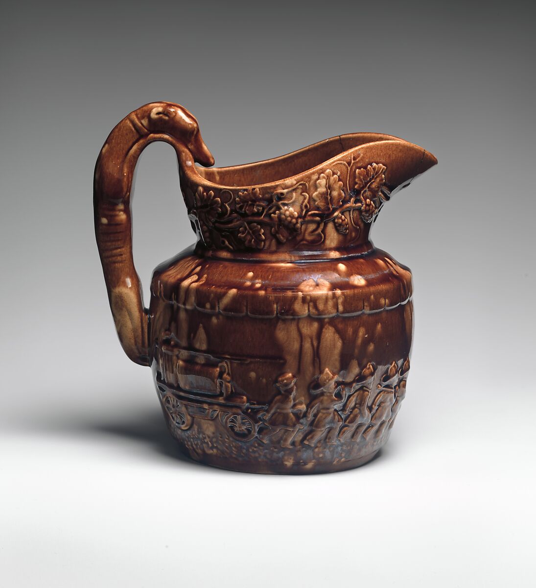 Pitcher, Probably Congress Pottery (1848–1854), Mottled brown earthenware, American