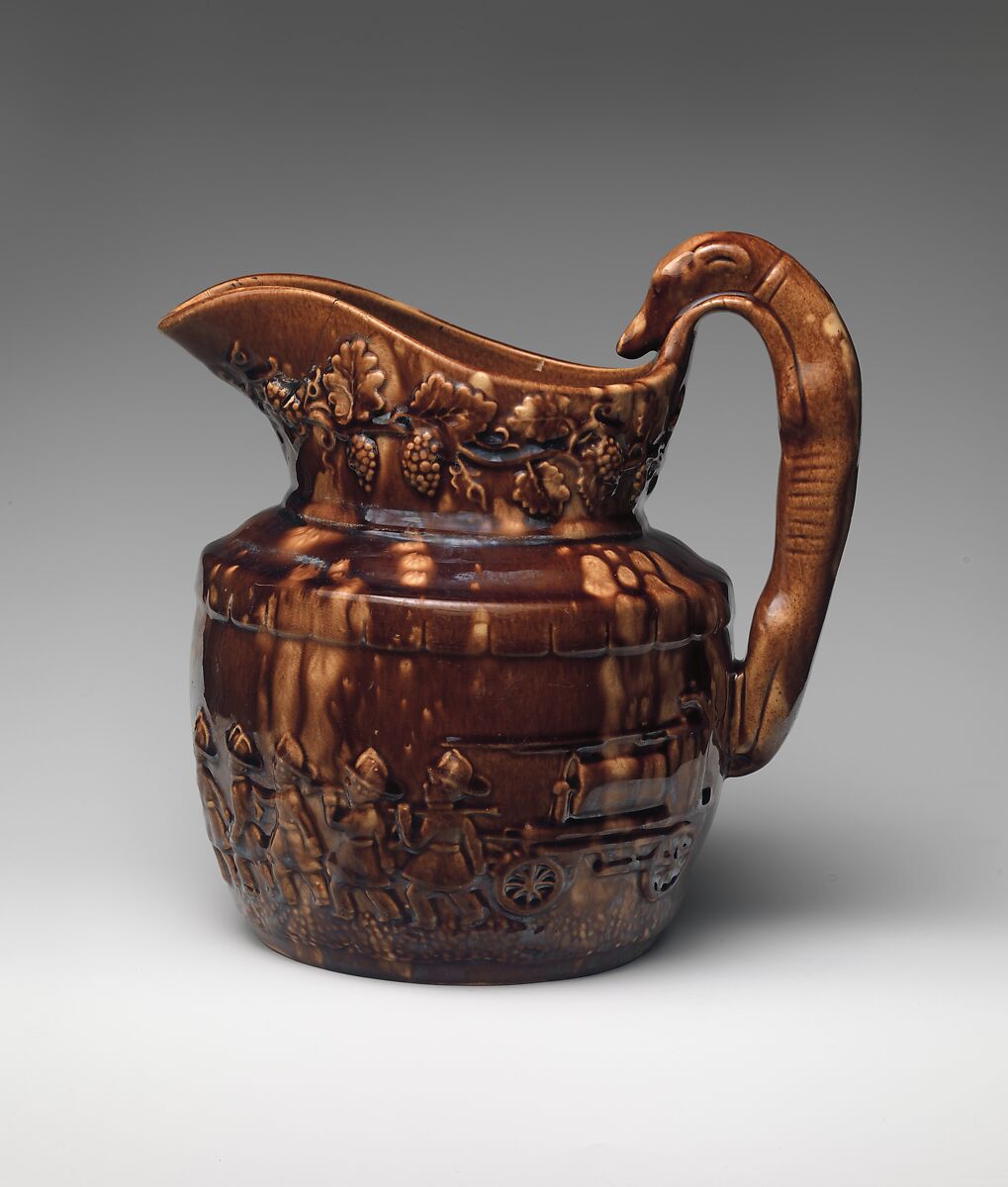 Pitcher, Probably Congress Pottery (1848–1854), Mottled brown earthenware, American 