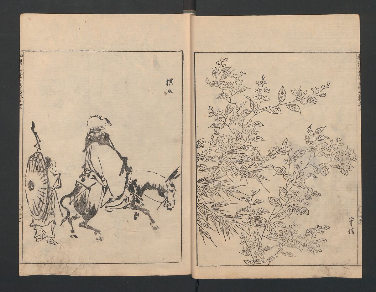 Illustrated book (Gaei wakan meihitsu) 画英和漢名筆, After Kano Tan'yū 狩野探幽 (Japanese, 1602–1674), Monochrome woodblock print; ink on paper, Japan