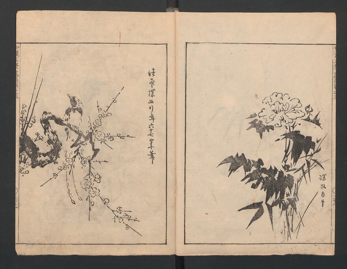 Illustrated book (Gaei wakan meihitsu) 画英和漢名筆, After Kano Tan'yū 狩野探幽 (Japanese, 1602–1674), Monochrome woodblock print; ink on paper, Japan