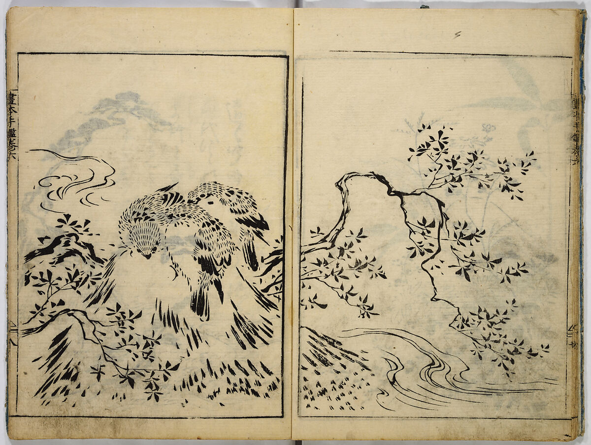 Book of Famous Japanese and Chinese Paintings, Ooka Shunboku (1680–1763), Twenty-five illustrated pages (5 originally black and white have been colored); ink and color on paper, Japan