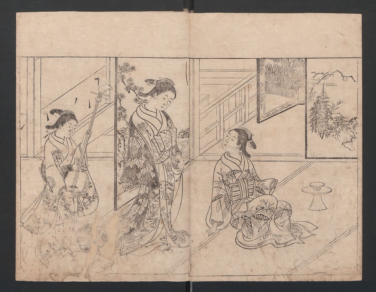 The Mrawing manual: The Evergreens (Ehon Tokiwagusa) 絵本常盤草, Nishikawa Sukenobu 西川祐信 (Japanese, 1671–1750), One volume, black and white, twenty-five double-page sheets; ink on paper, Japan