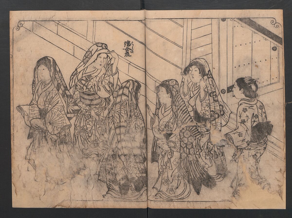 One Hundred Women Classified According to Their Rank (Hyakunin joro shinasadame) 百人女郎品定, Nishikawa Sukenobu 西川祐信 (Japanese, 1671–1750), Vol. I: 9 double and 2 single page illustrations; vol. II: 15 double, 1 single page illustrations; ink on paper, Japan