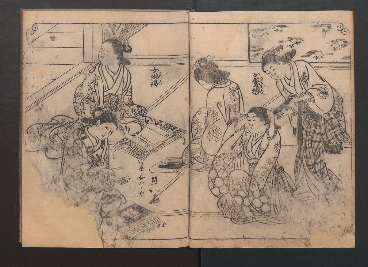One Hundred Women Classified According to Their Rank (Hyakunin joro shinasadame) 百人女郎品定, Nishikawa Sukenobu 西川祐信 (Japanese, 1671–1750), Vol. I: 9 double and 2 single page illustrations; vol. II: 15 double, 1 single page illustrations; ink on paper, Japan