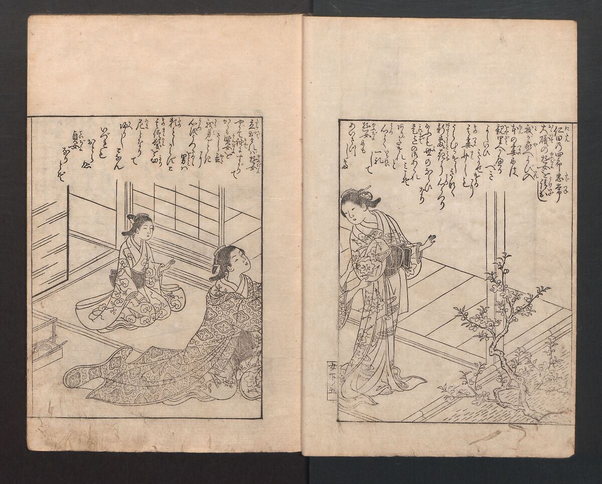Picture Book: Camellia (Ehon Himetsubaki) 絵本女貞木, Nishikawa Sukenobu 西川祐信 (Japanese, 1671–1750), Bound book of monochrome woodblock prints; ink on paper, Japan