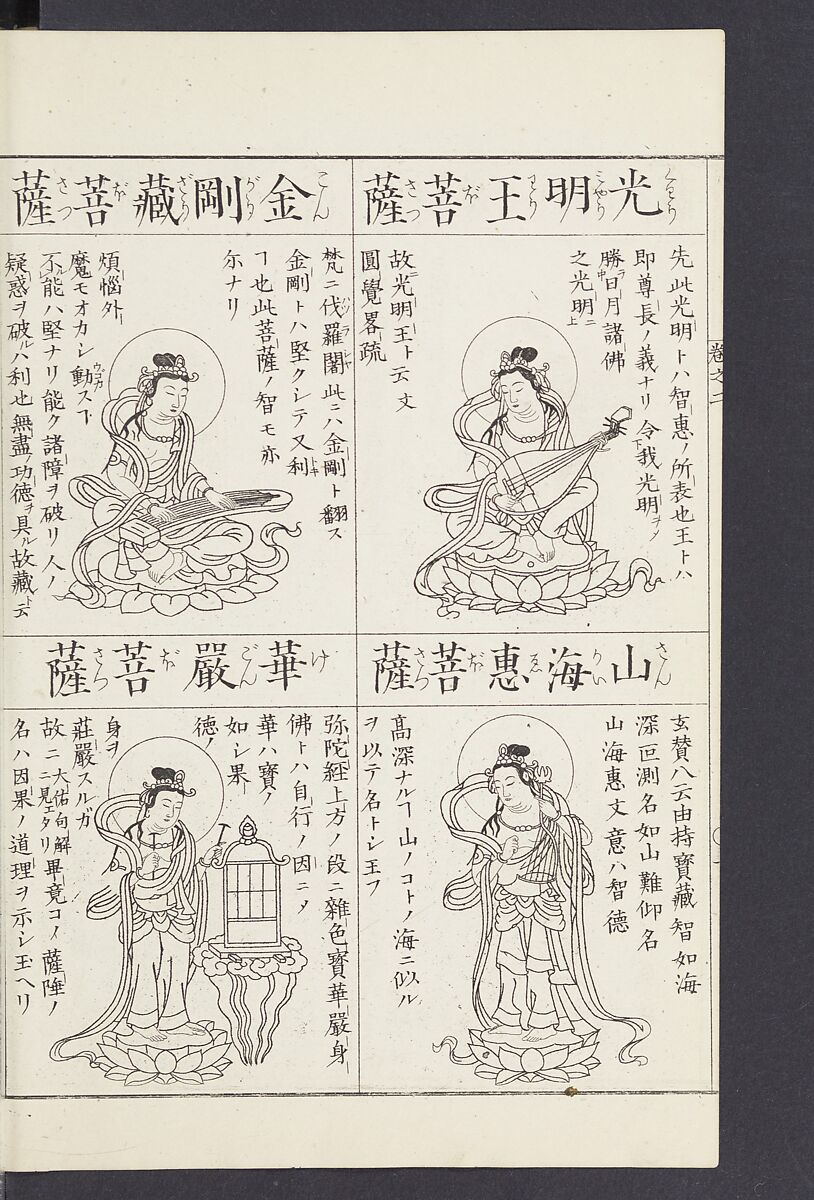 Buddhist Figures and Their Attributes [Meiji edition] (Meiji zōho shoshū butsuzō zui)  明治増補諸宗佛像図彙, Kino Shūshin 紀秀信 (Japanese, active 1783), Ink on paper, Japan
