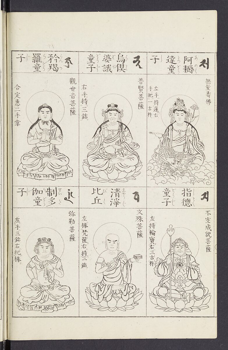 Buddhist Figures and Their Attributes [Meiji edition] (Meiji zōho shoshū butsuzō zui)  明治増補諸宗佛像図彙, Kino Shūshin 紀秀信 (Japanese, active 1783), Ink on paper, Japan