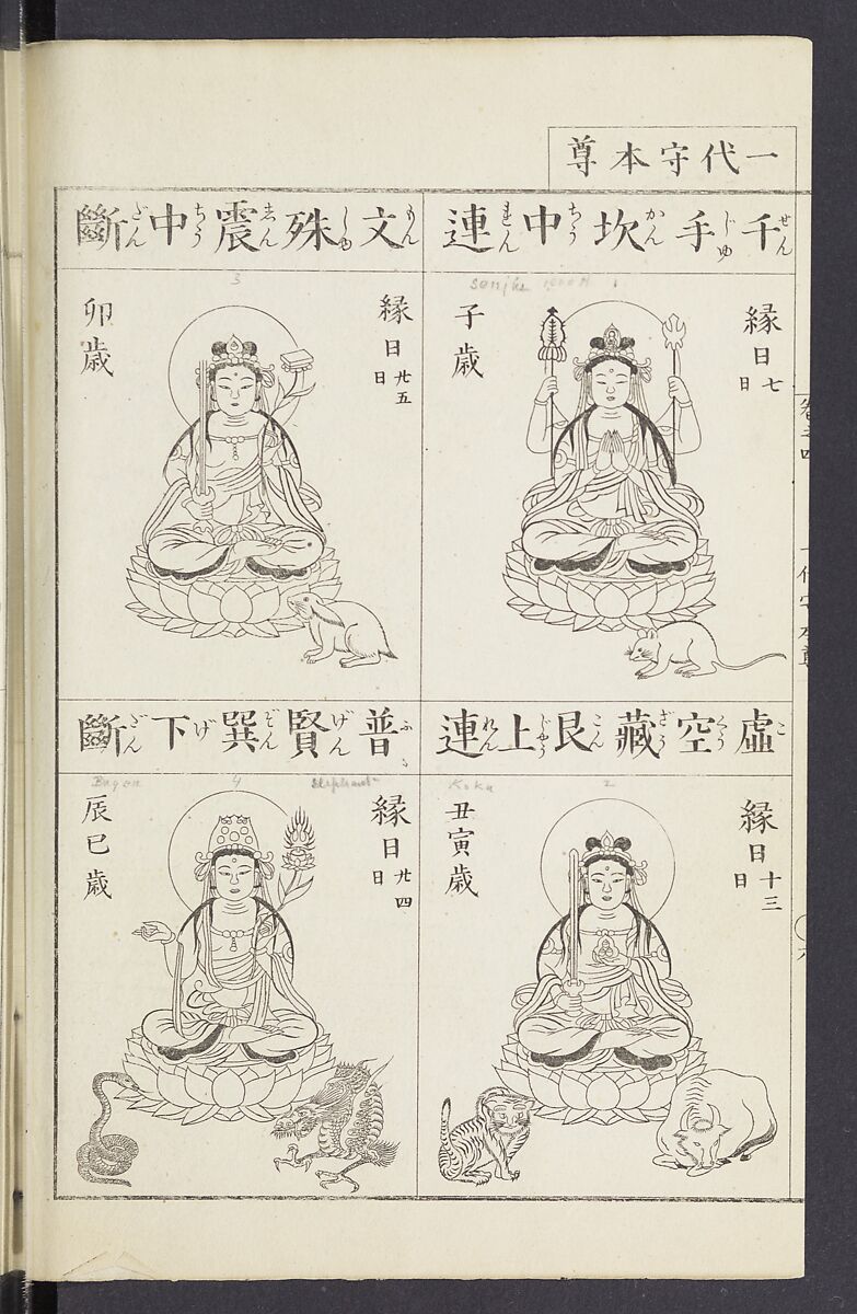 Buddhist Figures and Their Attributes [Meiji edition] (Meiji zōho shoshū butsuzō zui)  明治増補諸宗佛像図彙, Kino Shūshin 紀秀信 (Japanese, active 1783), Ink on paper, Japan