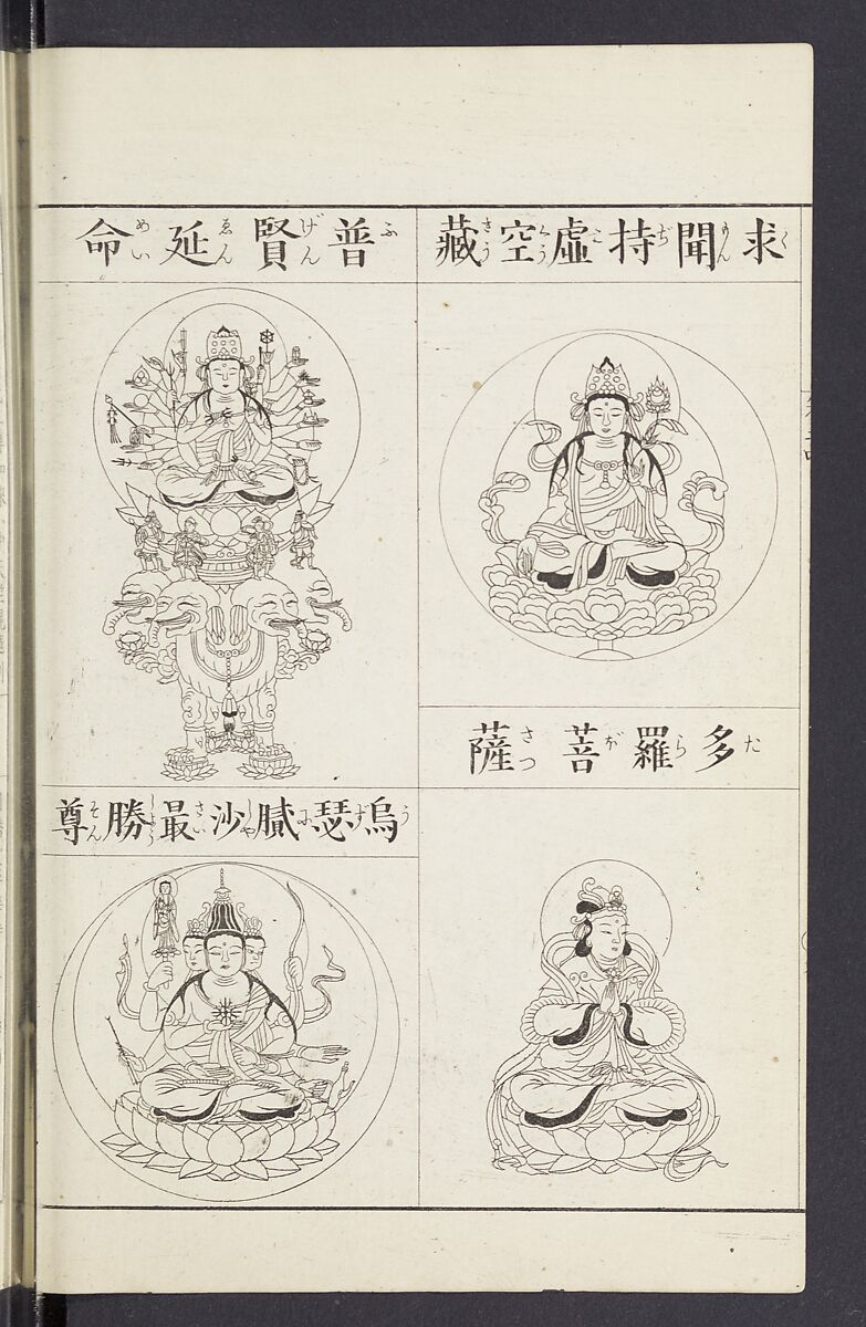 Buddhist Figures and Their Attributes [Meiji edition] (Meiji zōho shoshū butsuzō zui)  明治増補諸宗佛像図彙, Kino Shūshin 紀秀信 (Japanese, active 1783), Ink on paper, Japan