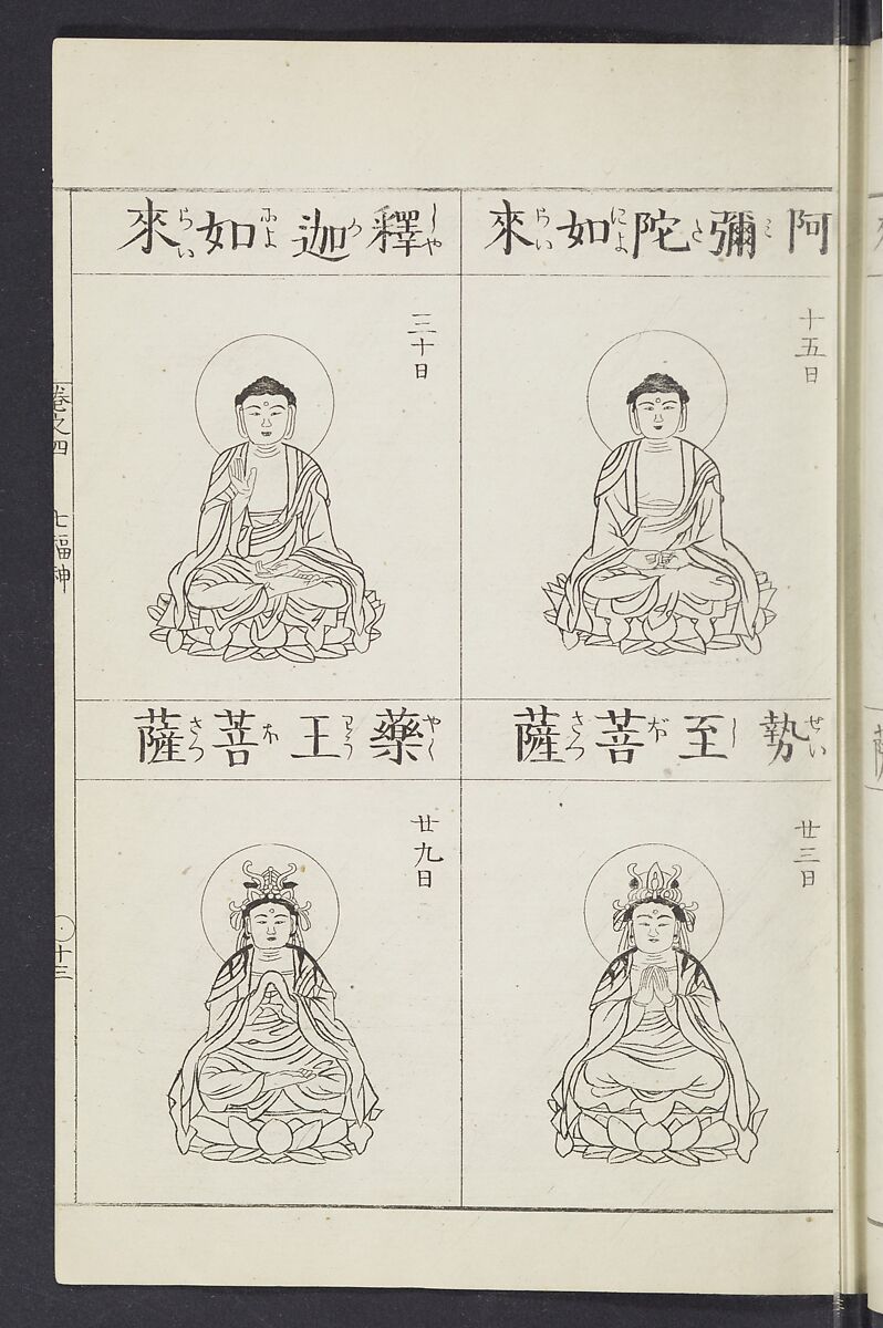 Buddhist Figures and Their Attributes [Meiji edition] (Meiji zōho shoshū butsuzō zui)  明治増補諸宗佛像図彙, Kino Shūshin 紀秀信 (Japanese, active 1783), Ink on paper, Japan