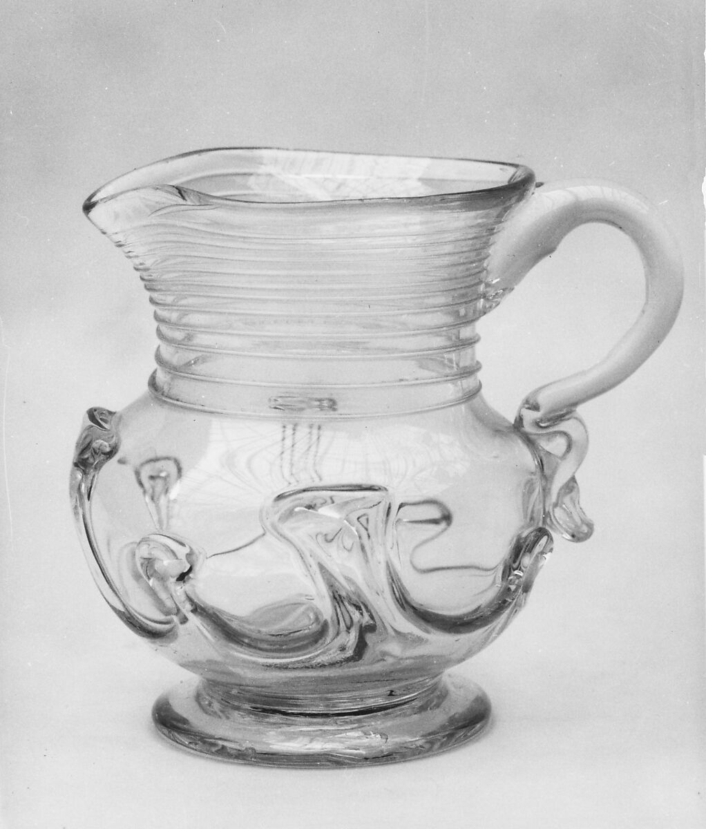 Pitcher, Designed by Charles A. Cornwall, Blown aquamarine glass with applied decoration, American 