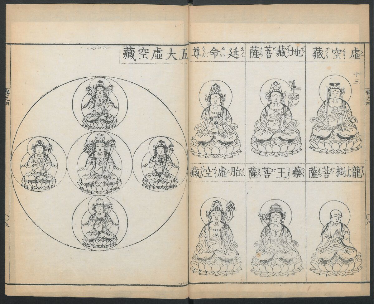 Buddhist Figures and Their Attributes (Zōho shoshū Butsuzō zui) 増補諸宗 佛像図彙, Kino Shūshin 紀秀信 (Japanese, active 1783), Set of five volumes; ink on paper, Japan