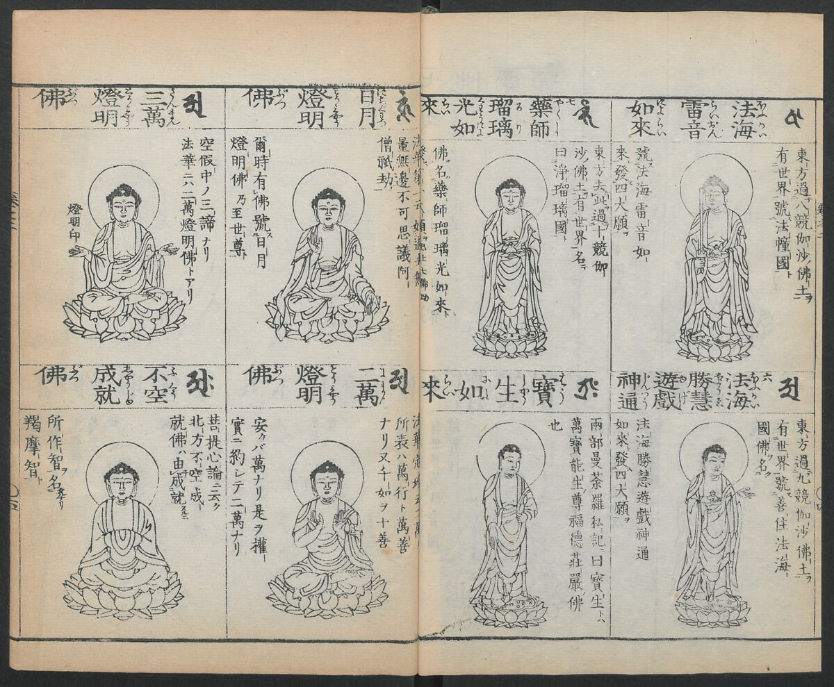 Buddhist Figures and Their Attributes (Zōho shoshū Butsuzō zui) 増補諸宗 佛像図彙, Kino Shūshin 紀秀信 (Japanese, active 1783), Set of five volumes; ink on paper, Japan
