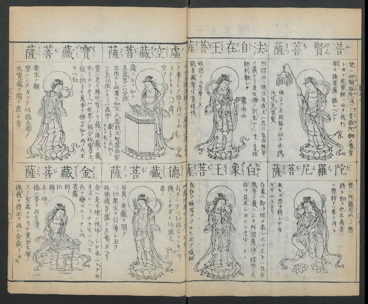 Buddhist Figures and Their Attributes (Zōho shoshū Butsuzō zui) 増補諸宗 佛像図彙, Kino Shūshin 紀秀信 (Japanese, active 1783), Set of five volumes; ink on paper, Japan