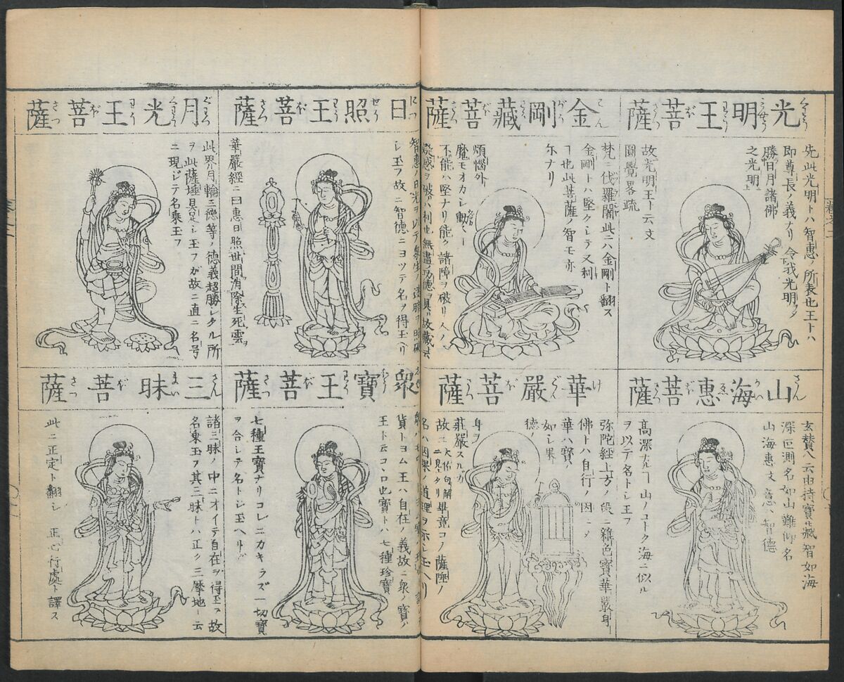 Buddhist Figures and Their Attributes (Zōho shoshū Butsuzō zui) 増補諸宗 佛像図彙, Kino Shūshin 紀秀信 (Japanese, active 1783), Set of five volumes; ink on paper, Japan