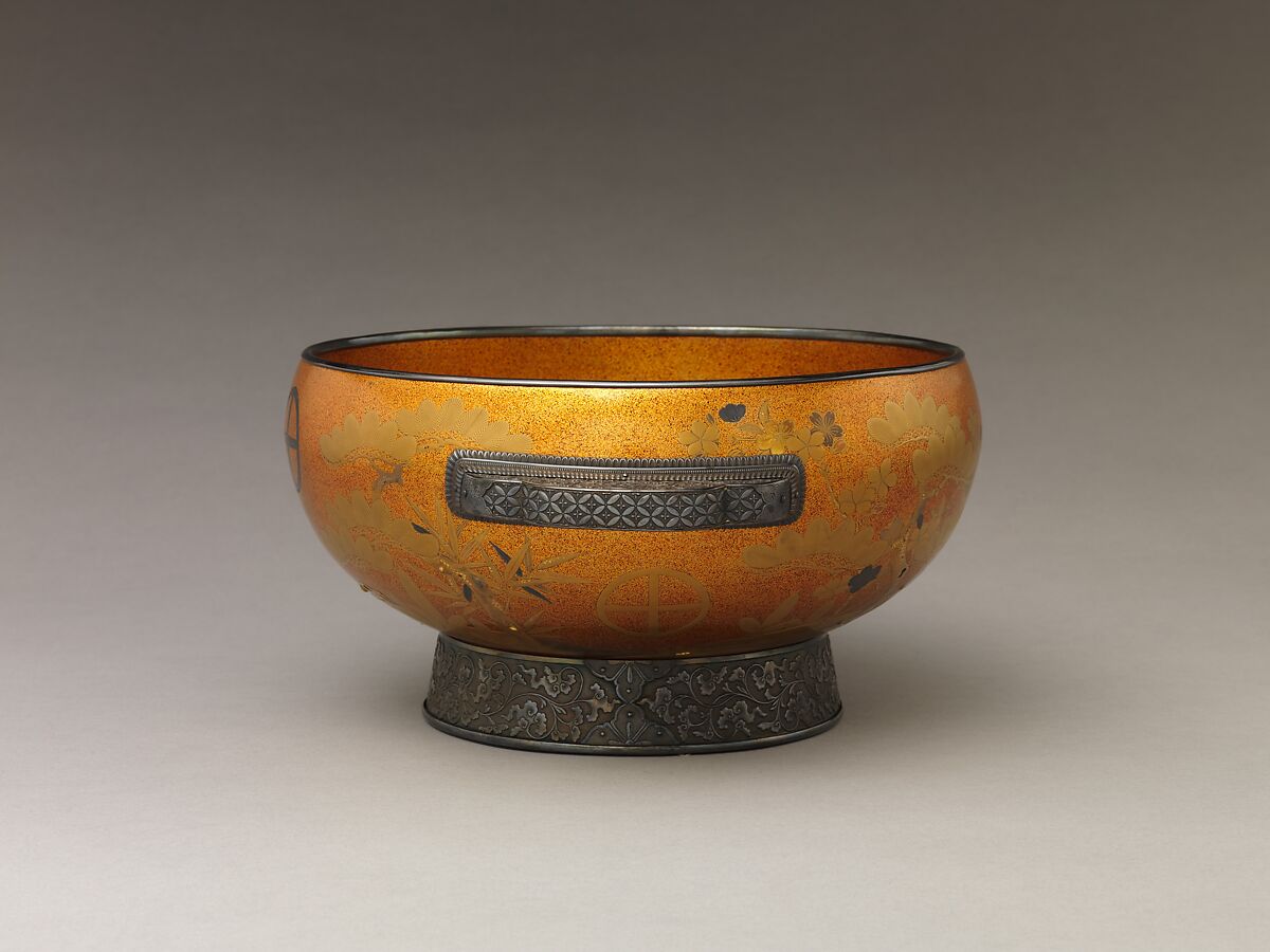 Bowl with Design of Pine, Bamboo, and Cherry Blossom, Sprinkled gold on lacquer (maki-e), Japan