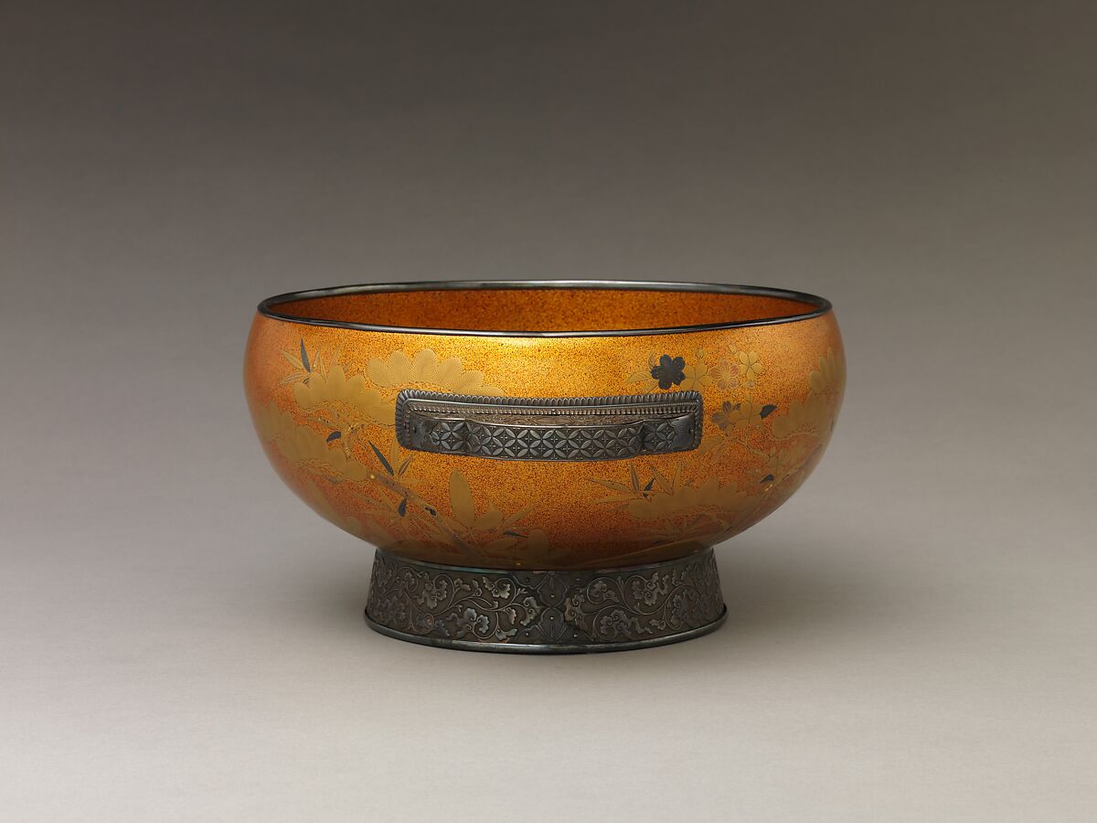 Bowl with Design of Pine, Bamboo, and Cherry Blossom, Sprinkled gold on lacquer (maki-e), Japan