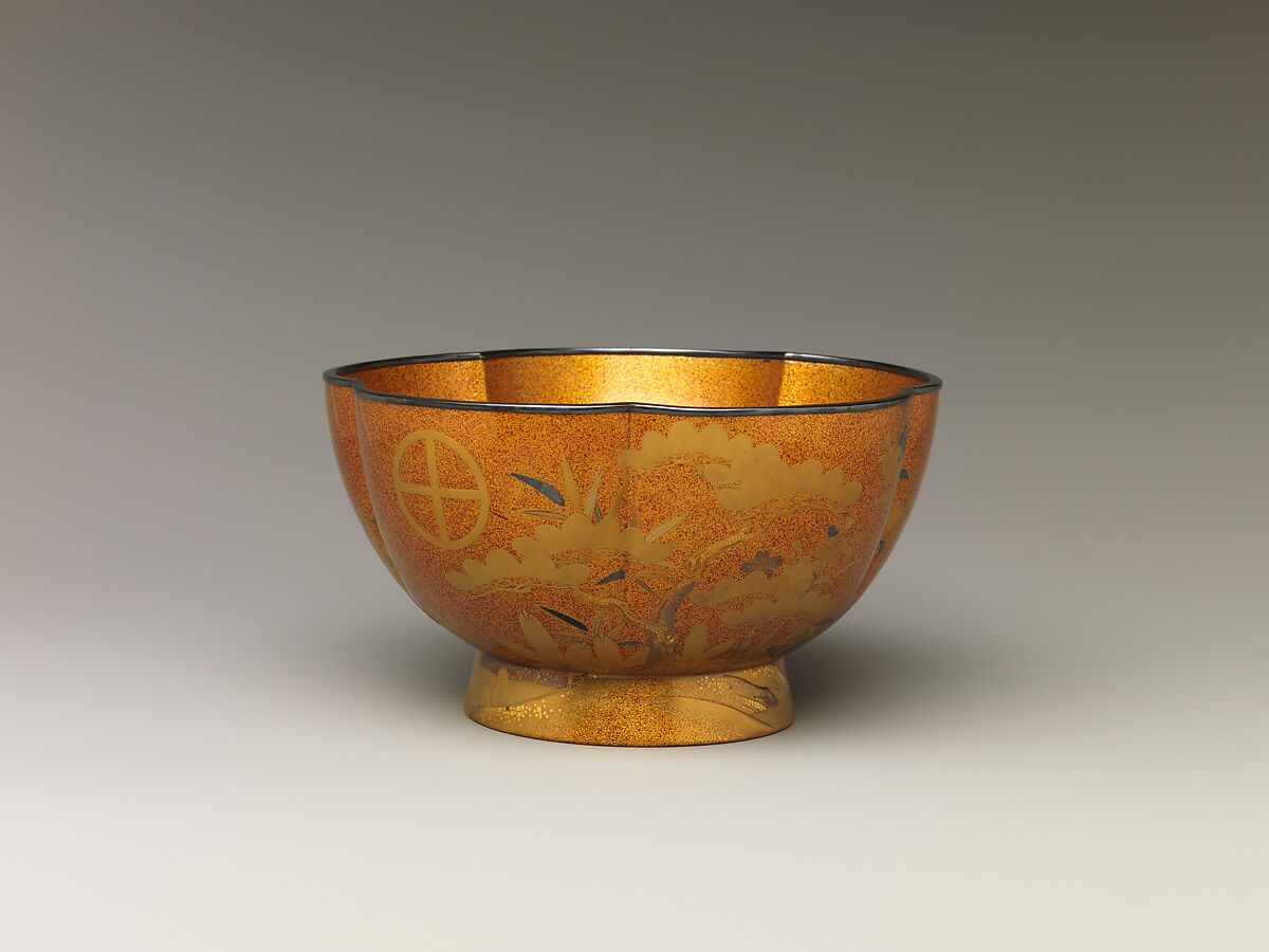 Bowl with with Design of Pine, Bamboo, and Cherry Blossom, Sprinkled gold on lacquer (maki-e), Japan