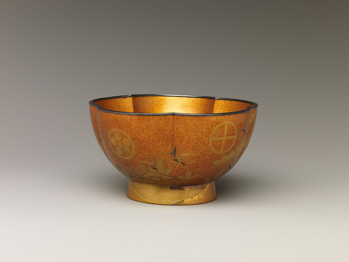 Bowl with with Design of Pine, Bamboo, and Cherry Blossom, Sprinkled gold on lacquer (maki-e), Japan