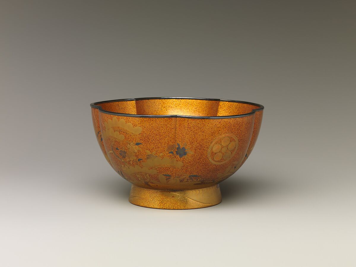 Bowl with with Design of Pine, Bamboo, and Cherry Blossom, Sprinkled gold on lacquer (maki-e), Japan