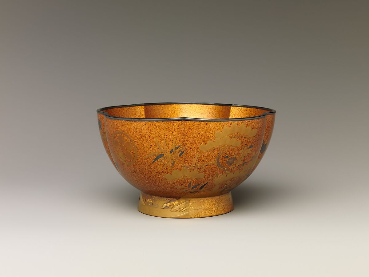 Bowl with with Design of Pine, Bamboo, and Cherry Blossom, Sprinkled gold on lacquer (maki-e), Japan