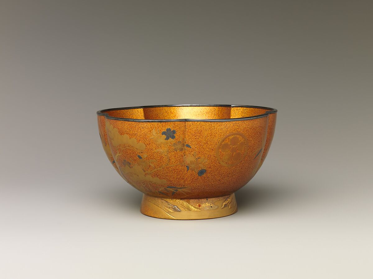 Bowl with with Design of Pine, Bamboo, and Cherry Blossom, Sprinkled gold on lacquer (maki-e), Japan