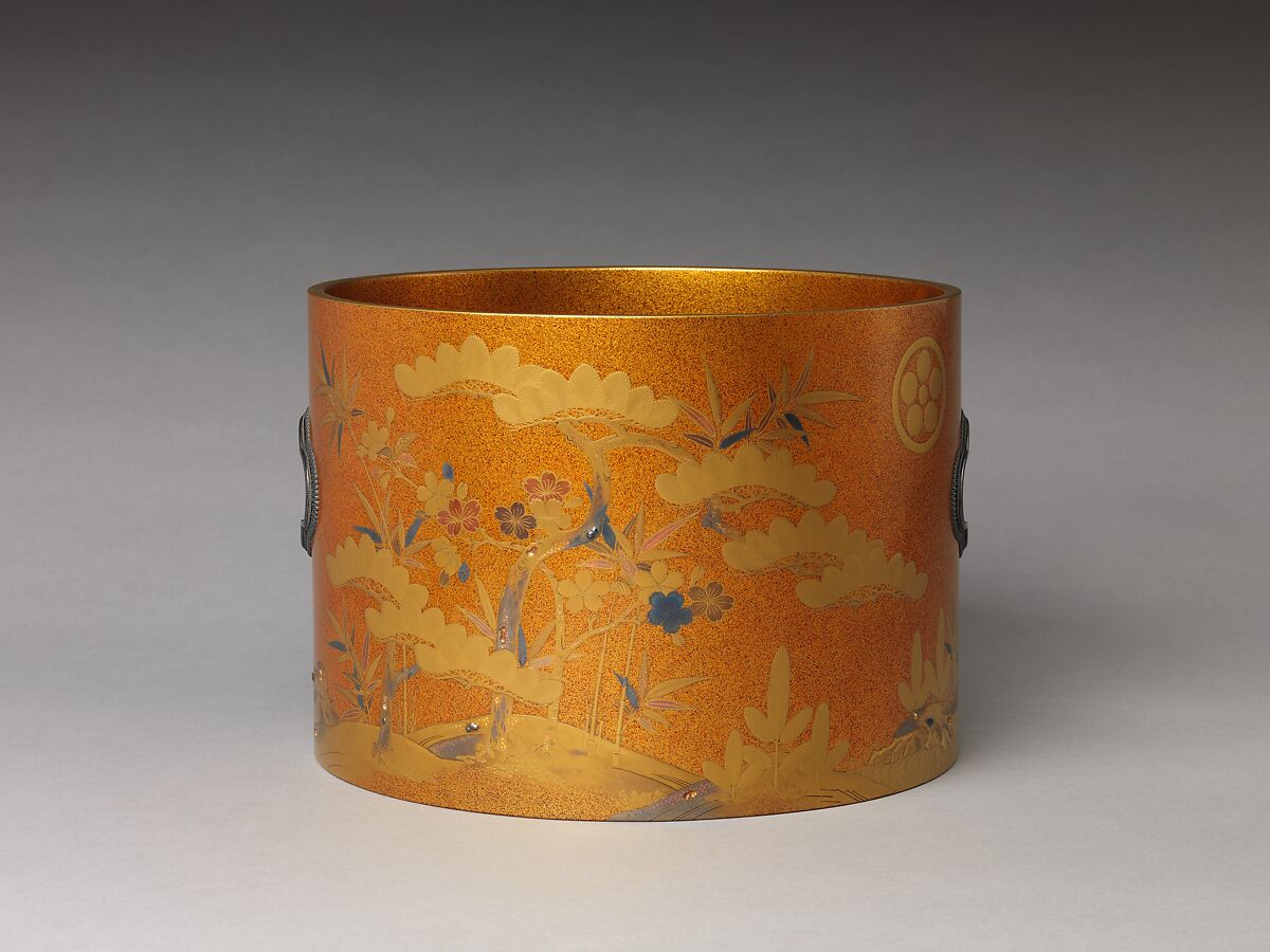 Shield (?) with Design of Pine, Bamboo, and Cherry Blossom, Sprinkled gold on lacquer (maki-e), Japan