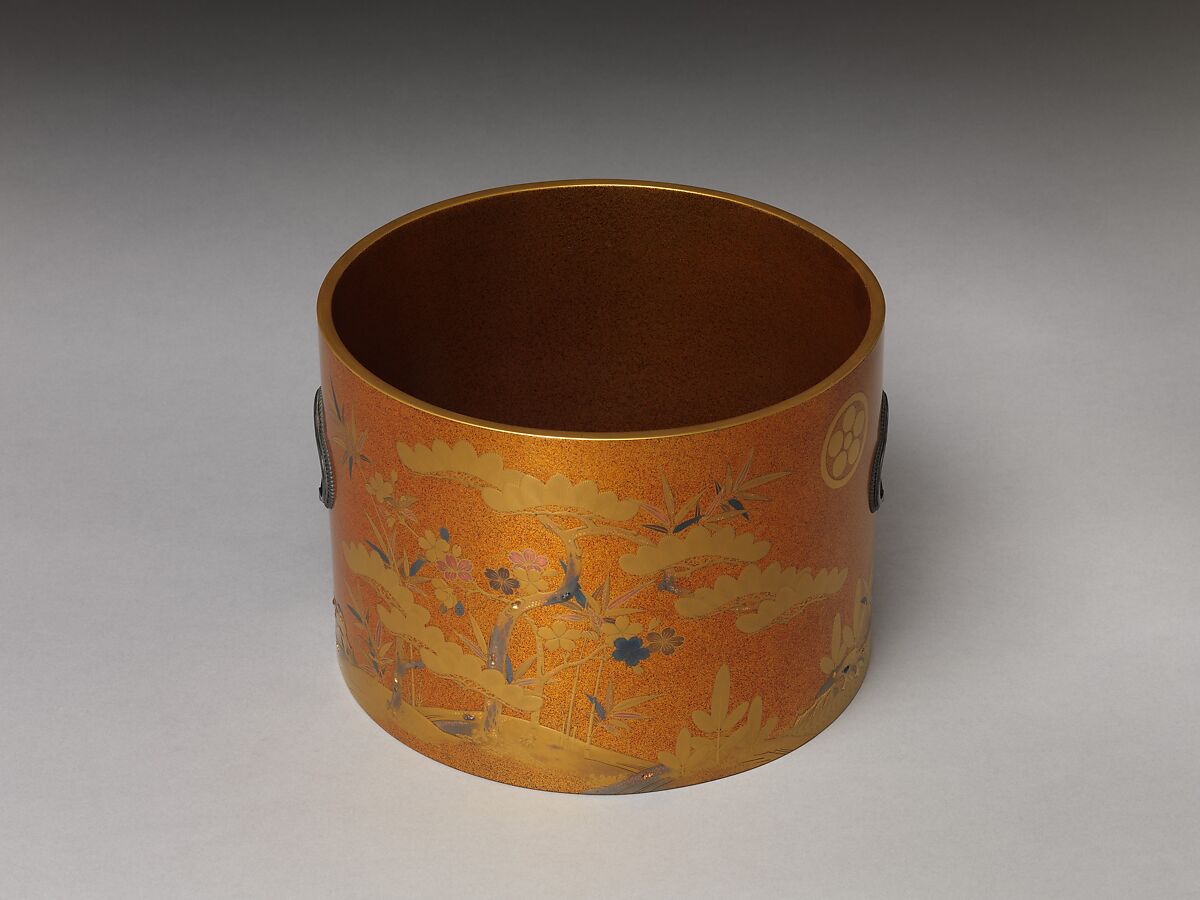 Shield (?) with Design of Pine, Bamboo, and Cherry Blossom, Sprinkled gold on lacquer (maki-e), Japan